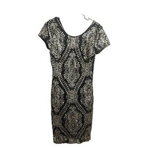 Maia Womens Sequin Black & Gold Mini Dress Short Sleeve 6 Medium ALL OVER SEQUIN